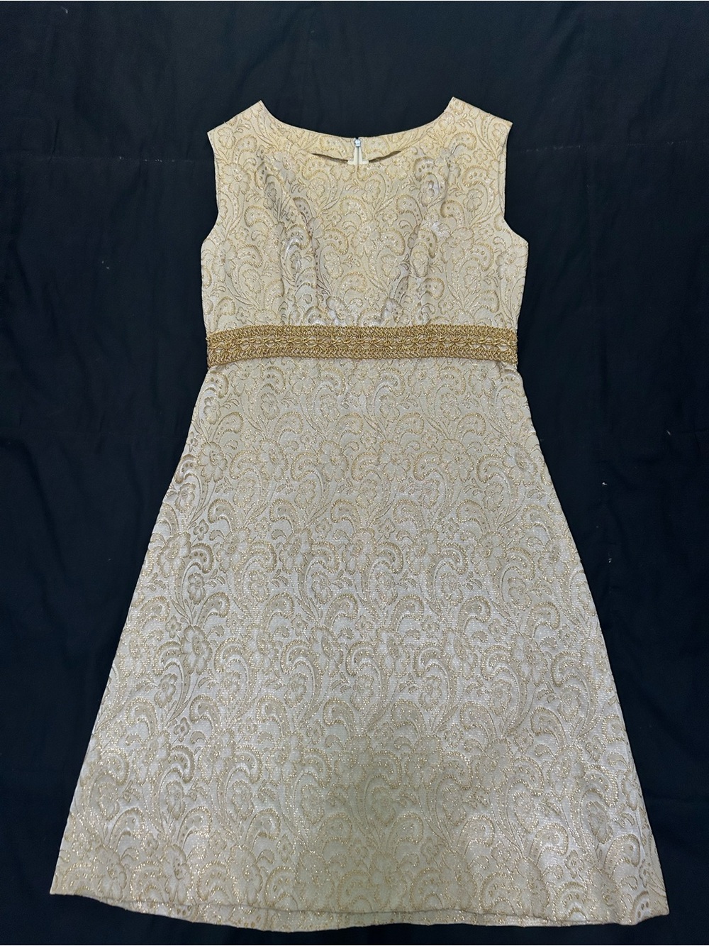 Vintage Gold Paisley Fit & Flare Dress with Corded Band At Waist